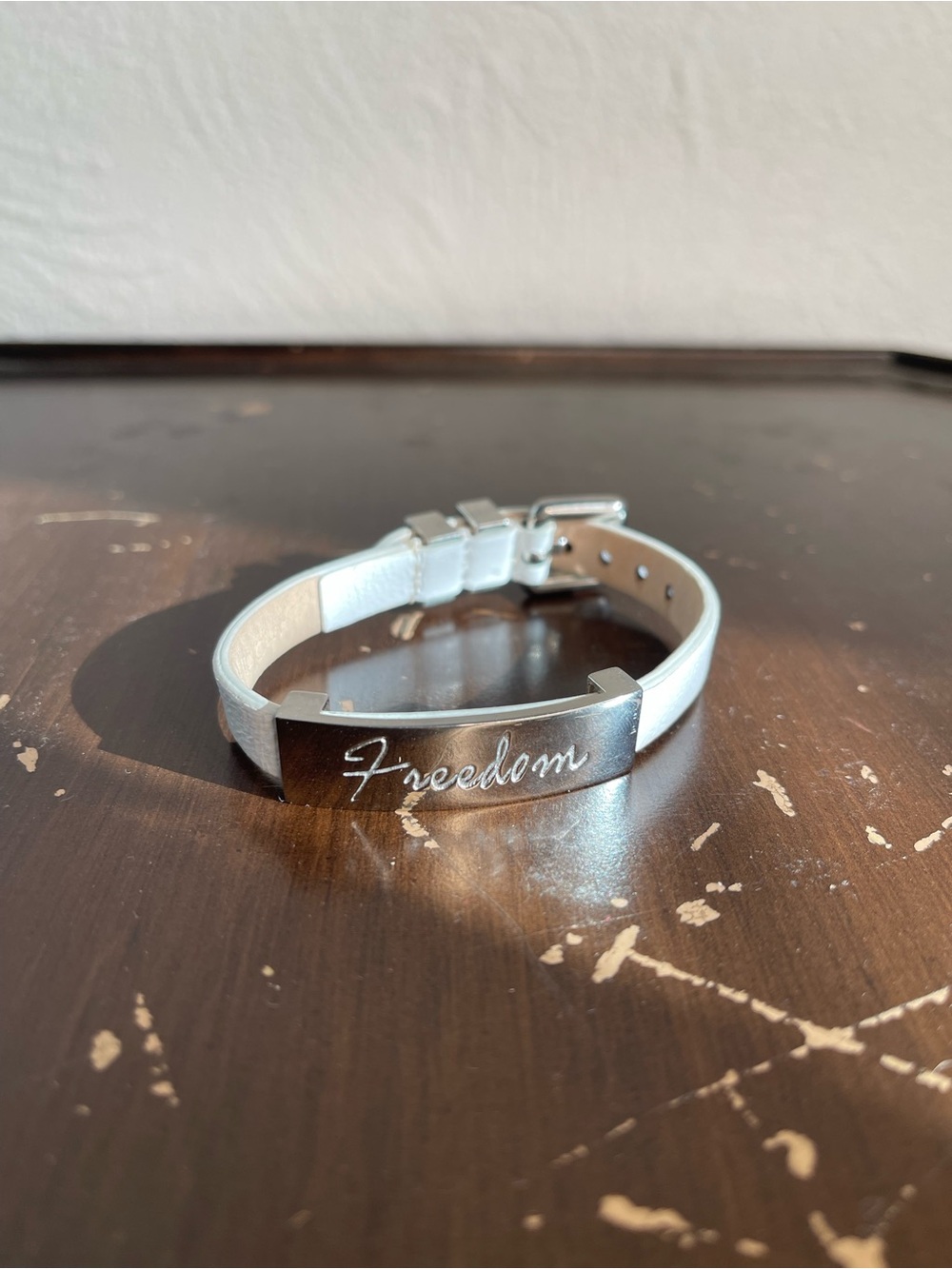Patriotic Rustic Cuff Betsy Freedom White Leather Stainless Steel bracelet